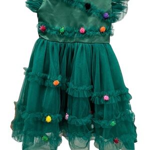 Girls Green Dress with Colorful Pom Poms